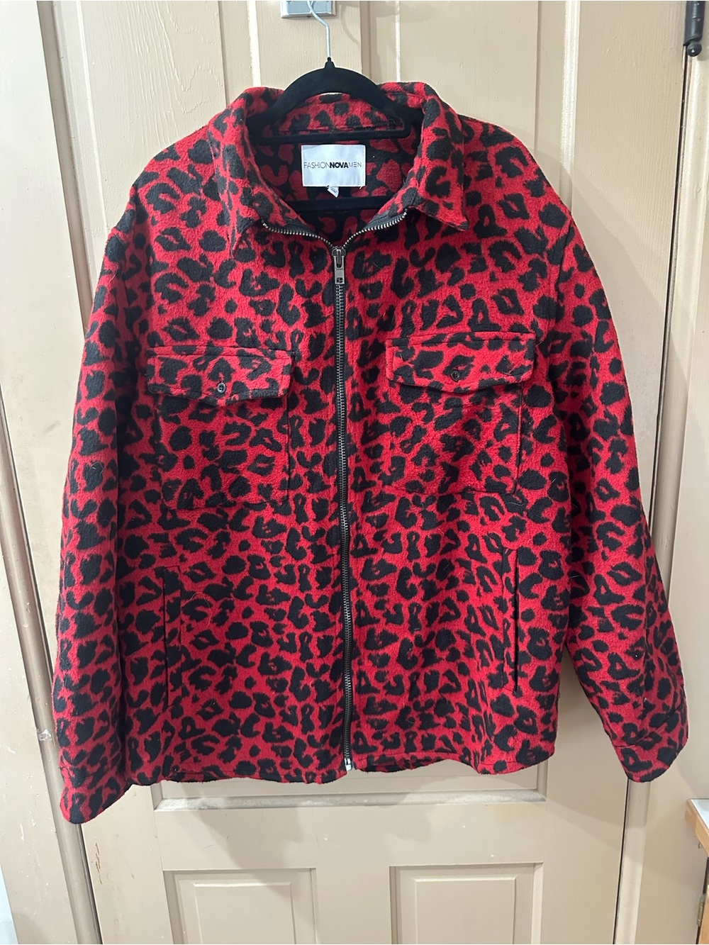 Fashion Nova Red & Black Leopard Zip-Front Jacket